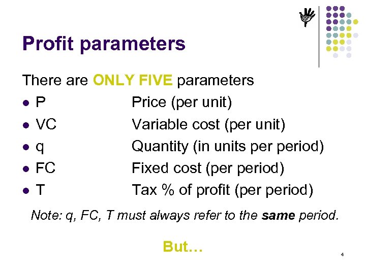Profit parameters There are ONLY FIVE parameters l P Price (per unit) l VC