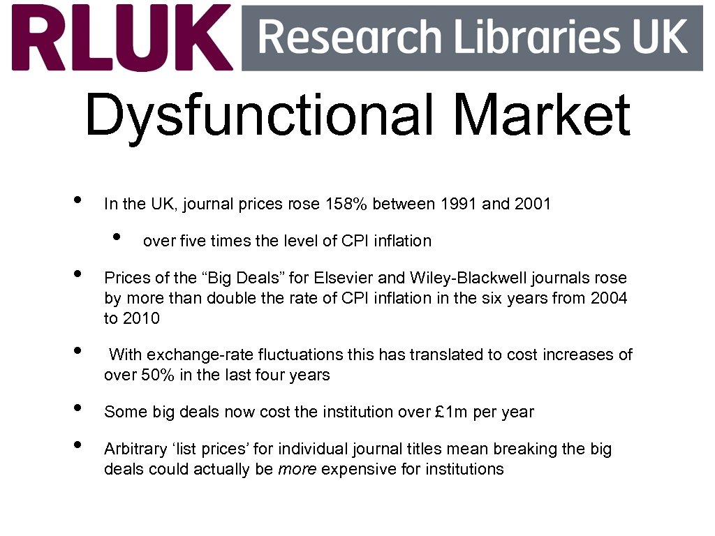 Dysfunctional Market • In the UK, journal prices rose 158% between 1991 and 2001