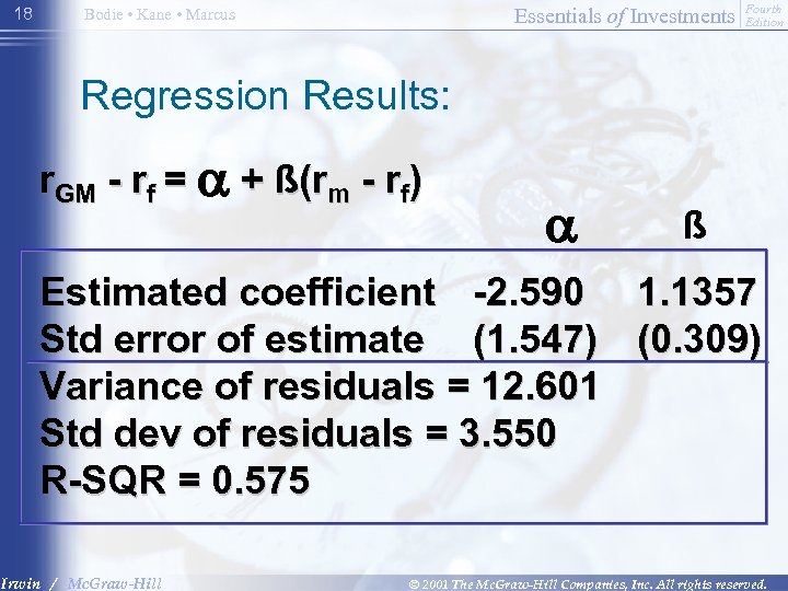 18 Essentials of Investments Bodie • Kane • Marcus Fourth Edition Regression Results: r.