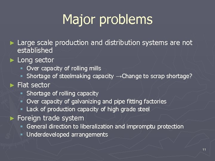 Major problems Large scale production and distribution systems are not established ► Long sector