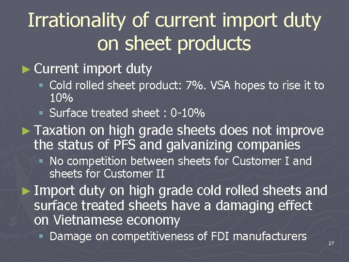 Irrationality of current import duty on sheet products ► Current import duty § Cold