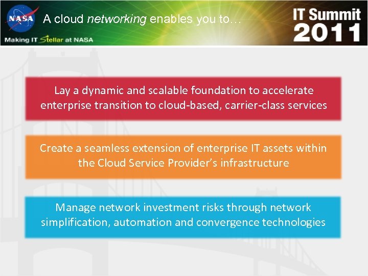 A cloud networking enables you to… Lay a dynamic and scalable foundation to accelerate