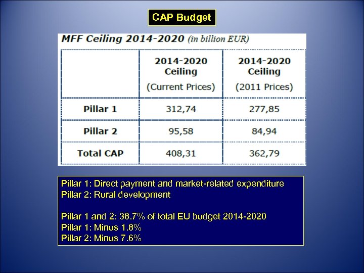 CAP Budget Pillar 1: Direct payment and market-related expenditure Pillar 2: Rural development Pillar