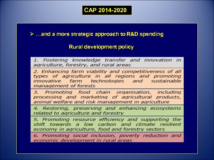 CAP 2014 -2020 Ø …and a more strategic approach to R&D spending Rural development