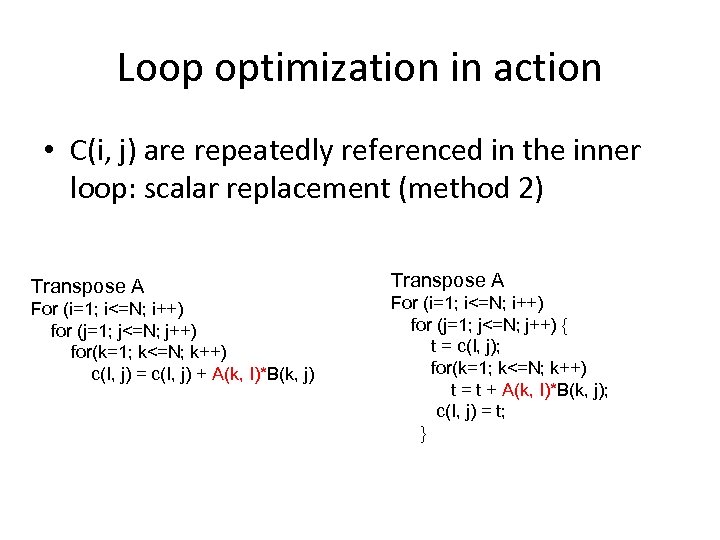 Loop optimization in action • C(i, j) are repeatedly referenced in the inner loop: