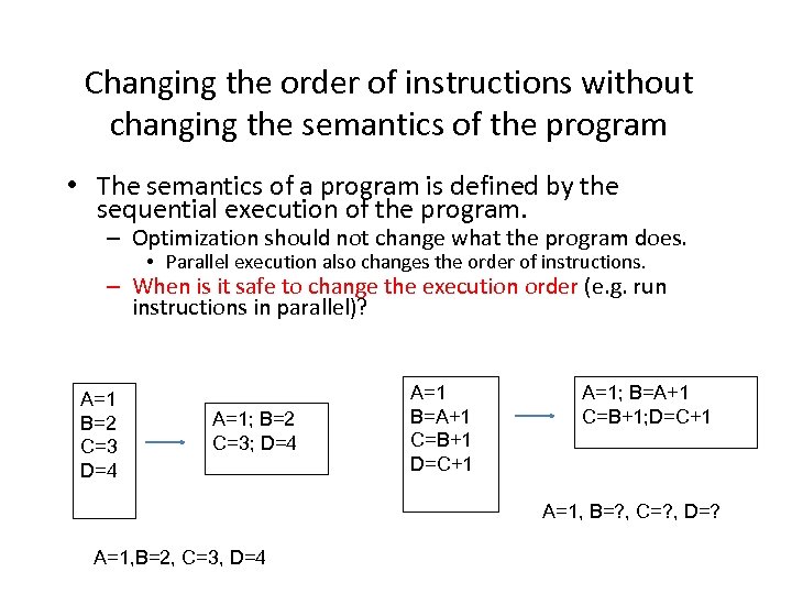 Changing the order of instructions without changing the semantics of the program • The