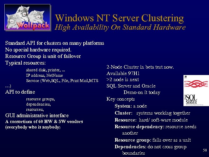 Windows NT Server Clustering High Availability On Standard Hardware Standard API for clusters on