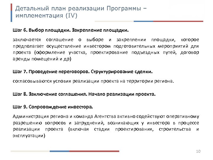 Детальный план реализации Программы – имплементация (IV) Шаг 6. Выбор площадки. Закрепление площадки. заключается
