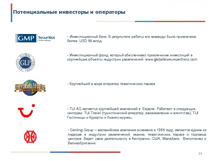 Потенциальные инвесторы и операторы - Инвестиционный банк. В результате работы его команды было привлечено