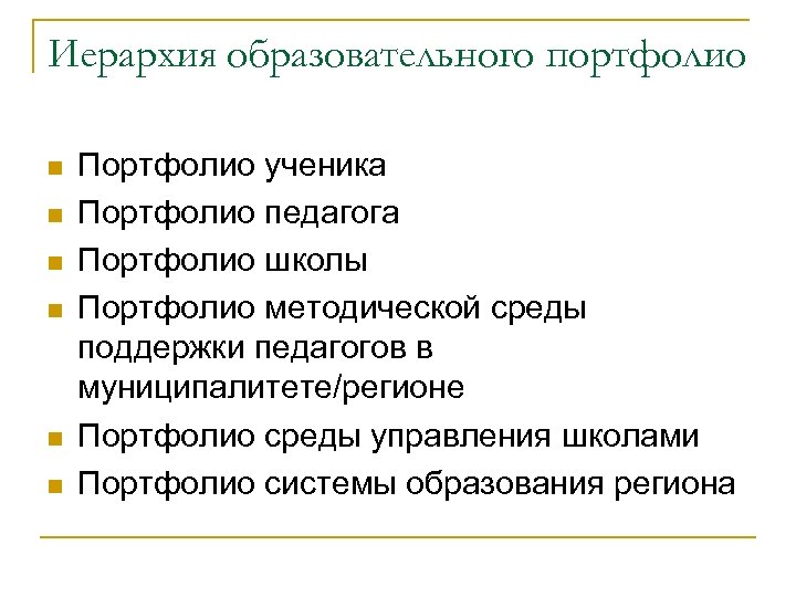 Иерархия образовательного портфолио n n n Портфолио ученика Портфолио педагога Портфолио школы Портфолио методической