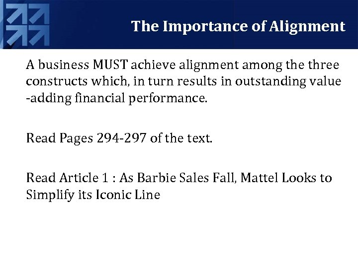 The Importance of Alignment A business MUST achieve alignment among the three constructs which,