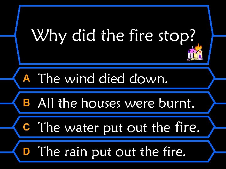 Why did the fire stop? A The wind died down. B All the houses