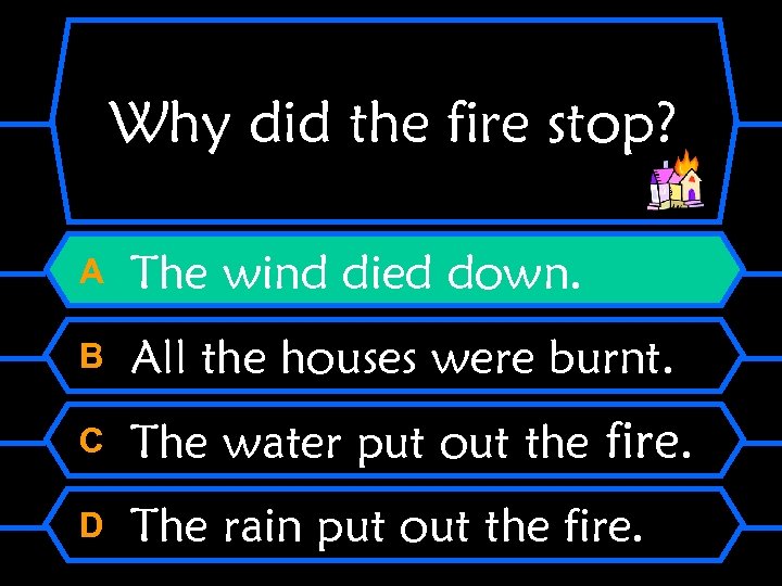 Why did the fire stop? A The wind died down. B All the houses
