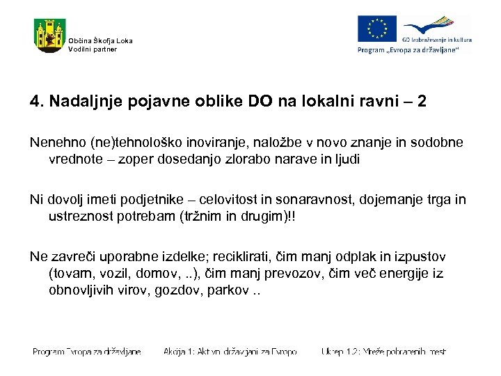 Občina Škofja Loka Vodilni partner 4. Nadaljnje pojavne oblike DO na lokalni ravni –