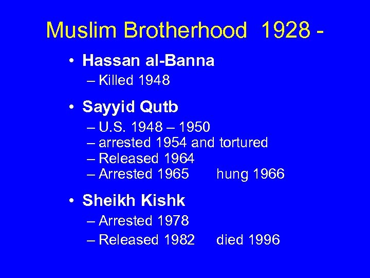 Muslim Brotherhood 1928 • Hassan al-Banna – Killed 1948 • Sayyid Qutb – U.