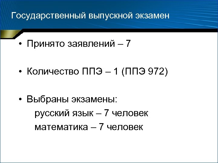 Государственный выпускной экзамен • Принято заявлений – 7 • Количество ППЭ – 1 (ППЭ