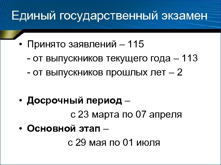 Единый государственный экзамен • Принято заявлений – 115 - от выпускников текущего года –