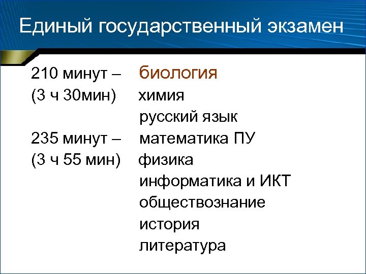 Единый государственный экзамен 210 минут – биология (3 ч 30 мин) химия русский язык