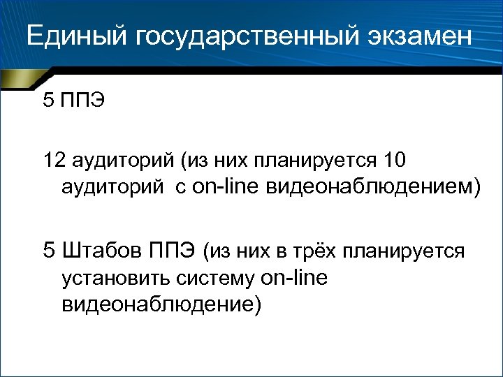 Единый государственный экзамен 5 ППЭ 12 аудиторий (из них планируется 10 аудиторий с on-line