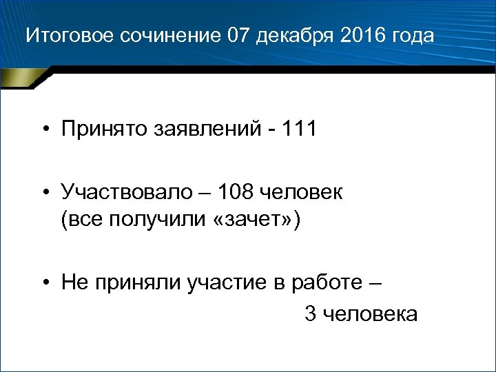 Итоговое сочинение 07 декабря 2016 года • Принято заявлений - 111 • Участвовало –