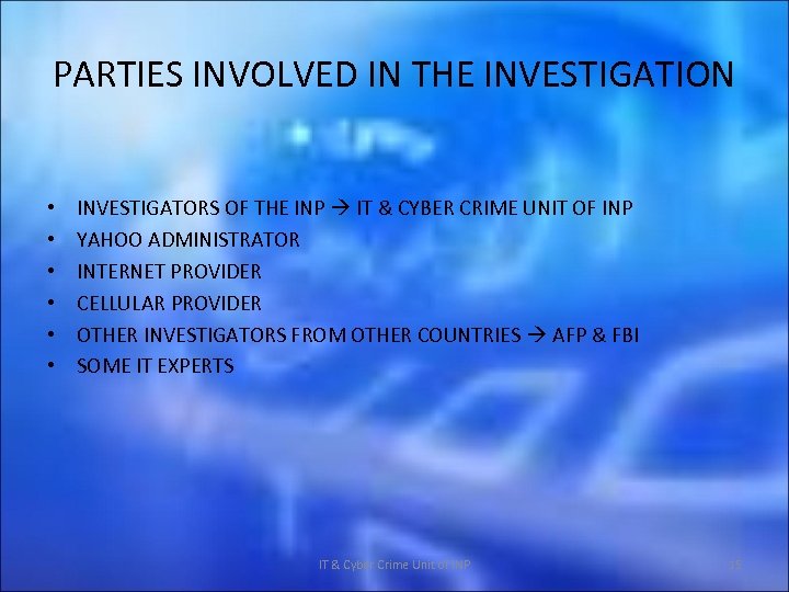 PARTIES INVOLVED IN THE INVESTIGATION • • • INVESTIGATORS OF THE INP IT &
