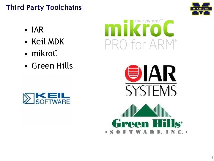 Third Party Toolchains • • IAR Keil MDK mikro. C Green Hills 4 