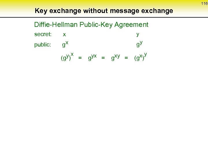 116 Key exchange without message exchange Diffie-Hellman Public-Key Agreement secret: x y public: gx
