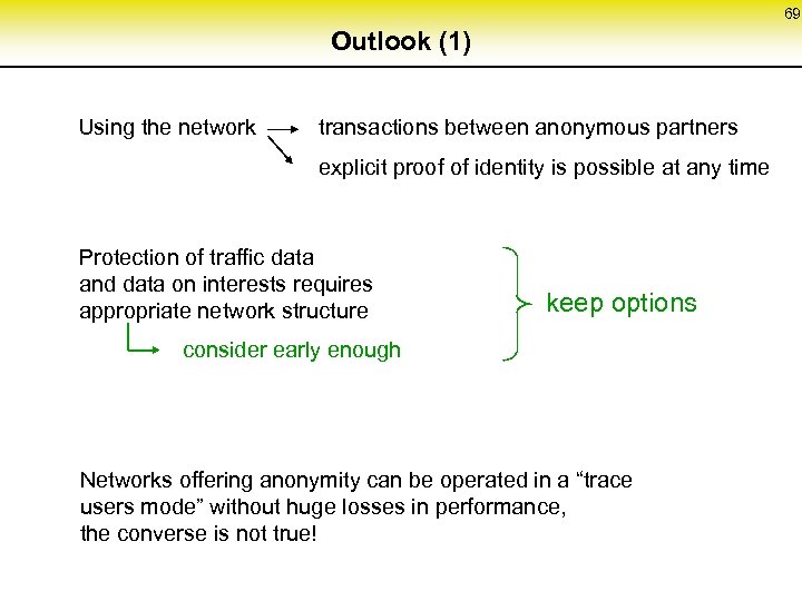69 Outlook (1) Using the network transactions between anonymous partners explicit proof of identity