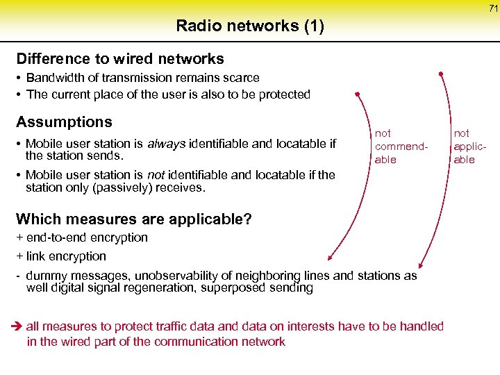 71 Radio networks (1) Difference to wired networks • Bandwidth of transmission remains scarce