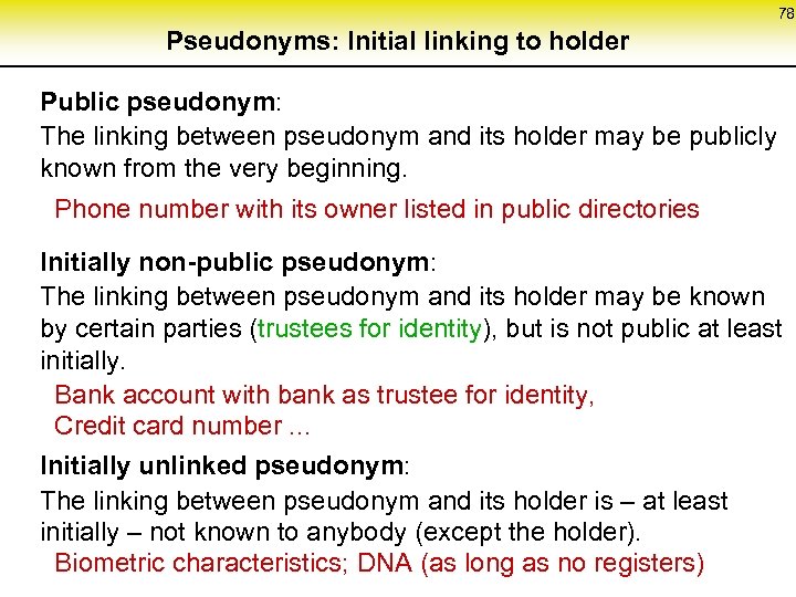 78 Pseudonyms: Initial linking to holder Public pseudonym: The linking between pseudonym and its