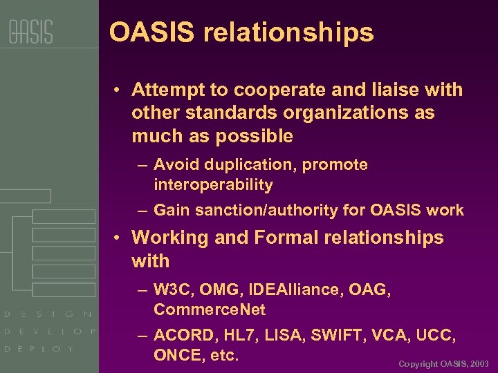 OASIS relationships • Attempt to cooperate and liaise with other standards organizations as much