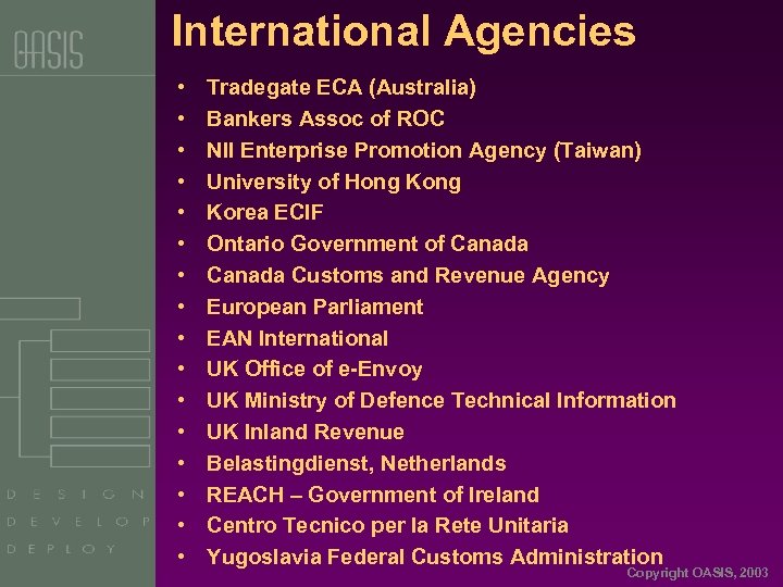 International Agencies • • • • Tradegate ECA (Australia) Bankers Assoc of ROC NII