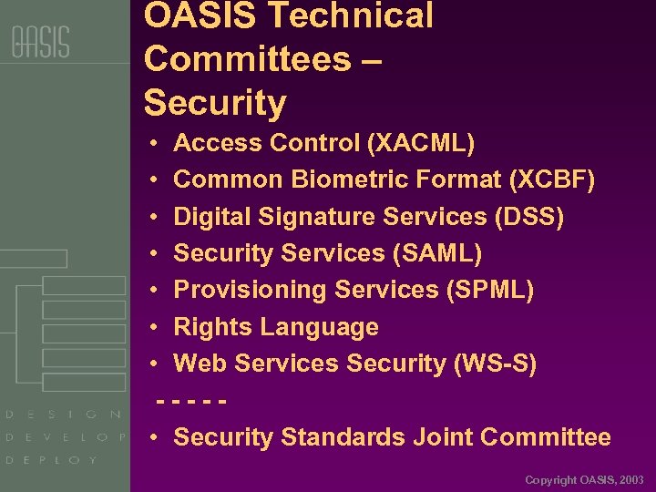 OASIS Technical Committees – Security • Access Control (XACML) • Common Biometric Format (XCBF)