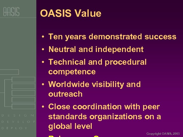 OASIS Value • Ten years demonstrated success • Neutral and independent • Technical and