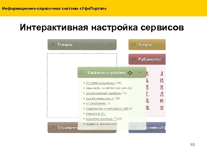 Информационно-справочная система «Уфа. Портал» Интерактивная настройка сервисов 10 