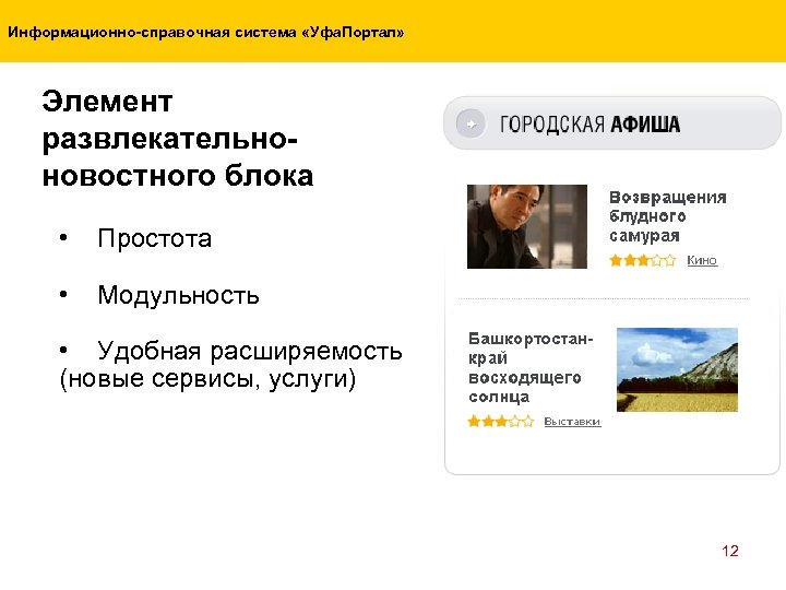 Информационно-справочная система «Уфа. Портал» Элемент развлекательноновостного блока • Простота • Модульность • Удобная расширяемость