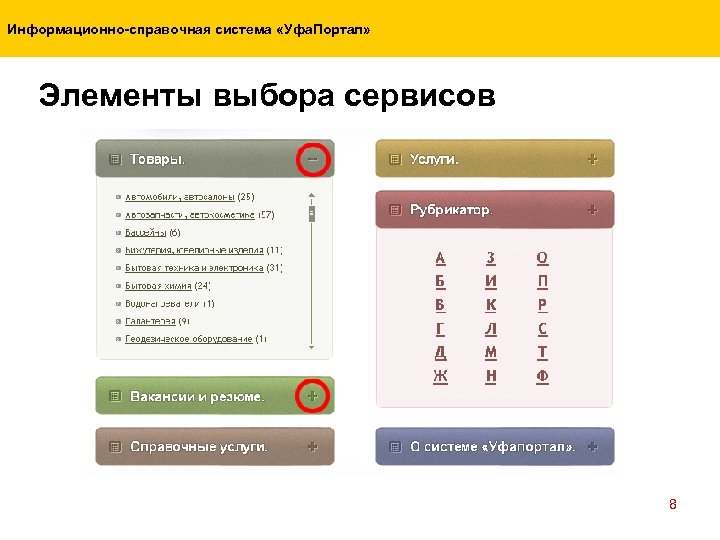 Информационно-справочная система «Уфа. Портал» Элементы выбора сервисов 8 