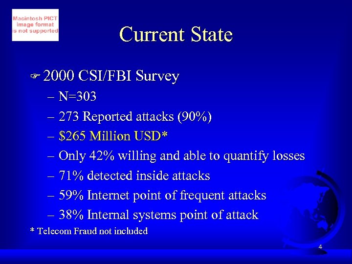 Current State F 2000 CSI/FBI Survey – N=303 – 273 Reported attacks (90%) –