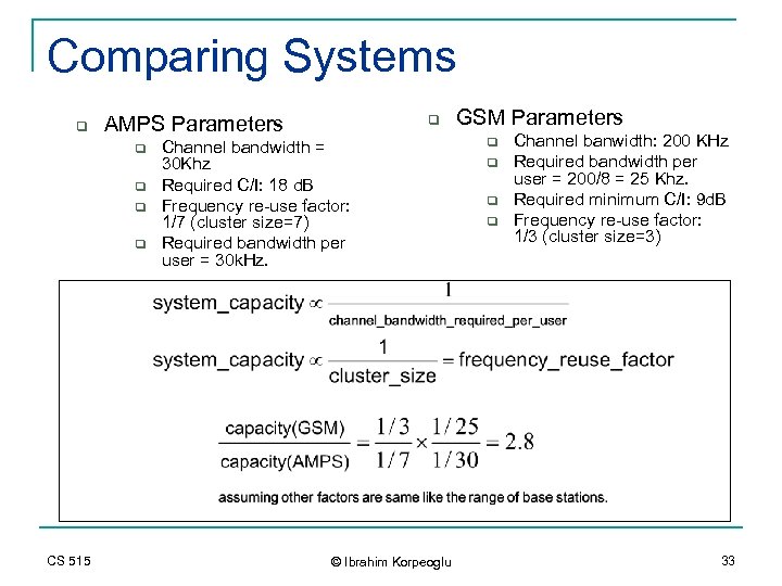 Comparing Systems q AMPS Parameters q q CS 515 q Channel bandwidth = 30