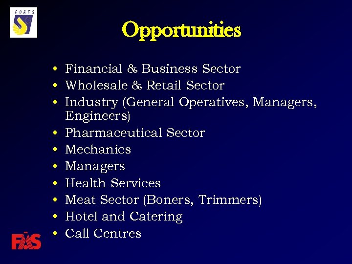 Opportunities • Financial & Business Sector • Wholesale & Retail Sector • Industry (General