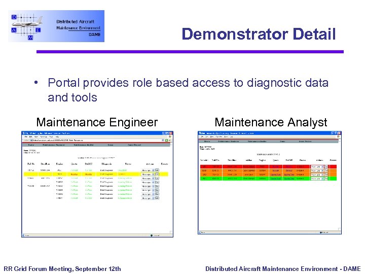 Demonstrator Detail • Portal provides role based access to diagnostic data and tools Maintenance