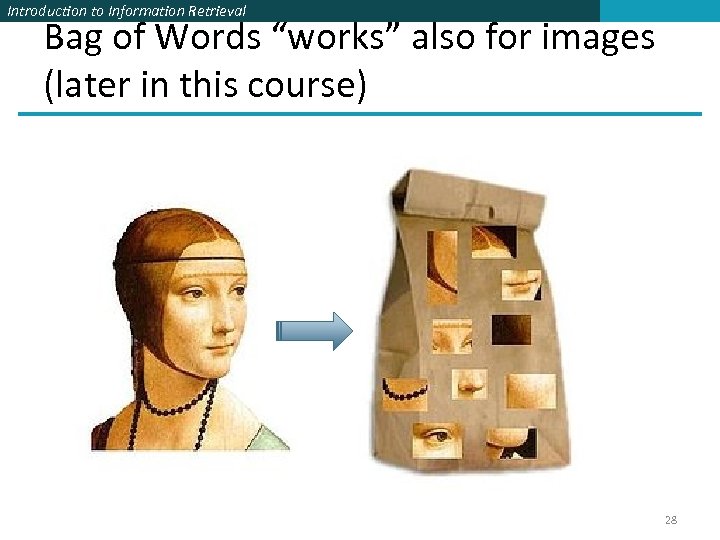 Introduction to Information Retrieval Bag of Words “works” also for images (later in this