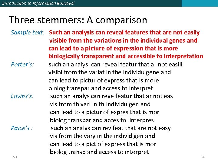 Introduction to Information Retrieval Three stemmers: A comparison Sample text: Such an analysis can