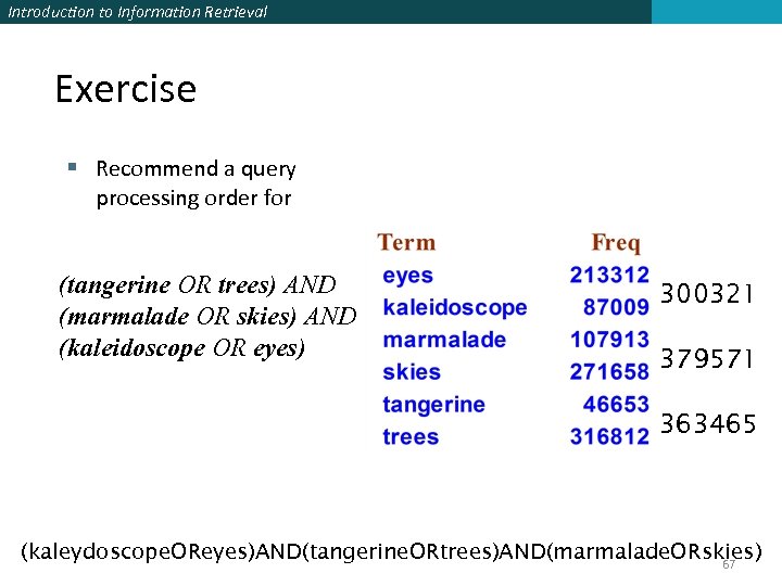 Introduction to Information Retrieval Exercise § Recommend a query processing order for (tangerine OR