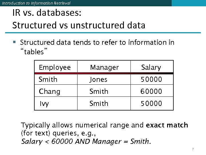 Introduction to Information Retrieval IR vs. databases: Structured vs unstructured data § Structured data