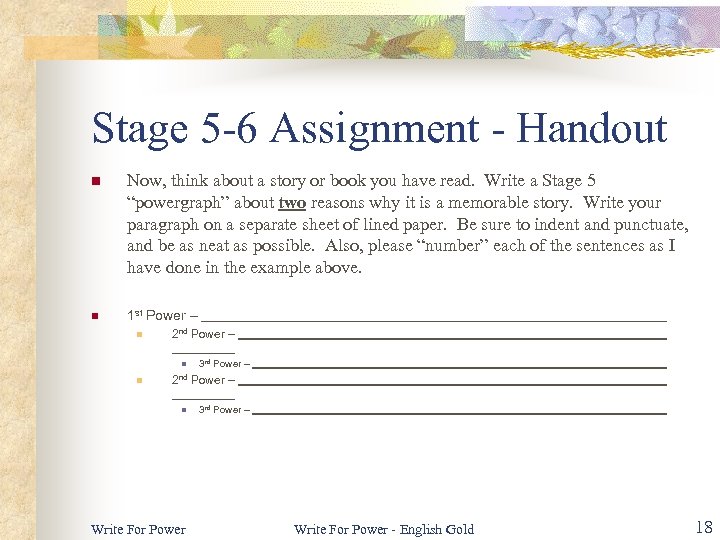 Stage 5 -6 Assignment - Handout n Now, think about a story or book
