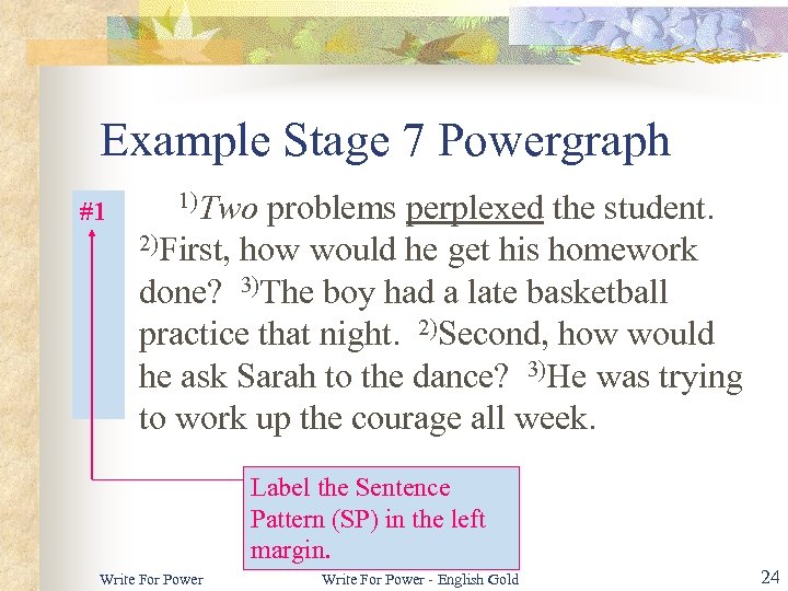 Example Stage 7 Powergraph #1 1)Two problems perplexed the student. 2)First, how would he