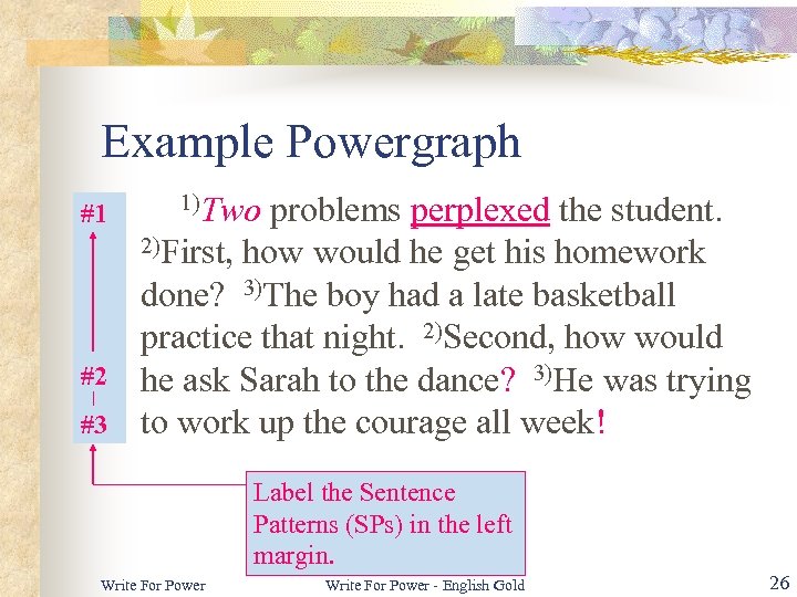 Example Powergraph #1 #2 #3 1)Two problems perplexed the student. 2)First, how would he
