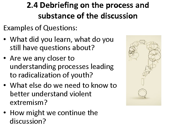 2. 4 Debriefing on the process and substance of the discussion Examples of Questions: