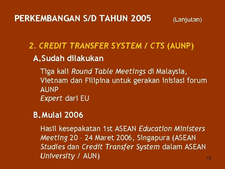 PERKEMBANGAN S/D TAHUN 2005 (Lanjutan) 2. CREDIT TRANSFER SYSTEM / CTS (AUNP) A. Sudah